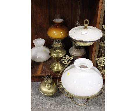 A QUANTITY OIL LAMP FITTINGS ETC TO INCLUDE AN ENAMEL CEILING EXAMPLE