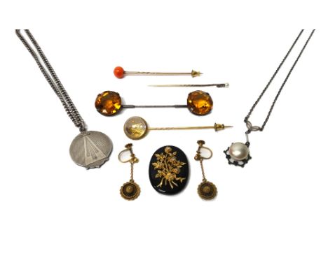 A pair of Victorian gold pendant earrings, the tops with screw fittings, a diamond and seed pearl stick pin, a reverse painte