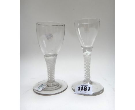 An opaque twist wine glass, circa 1765, the slender ogee bowl raised on a double series opaque twist stem and plain foot, 13c