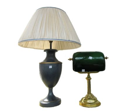 A pair of modern blue painted wooden table lamps of turned form, 40cm high excluding shades, a modern blue painted tin table 