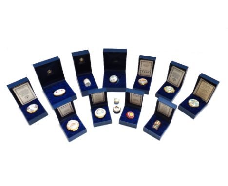 Eleven Halcyon Days enamel trinket boxes, including 'Always & Forever', '2002 St Valentine's box', '2005 St Valentine's box',