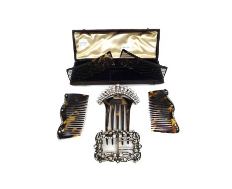 A collection of colourless paste mounted jewellery, comprising; a pair of pendant earrings, the tops having screw fittings, a