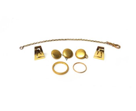 A 22ct gold wedding ring, London 1916, a 9ct gold small wedding ring, one and a half pairs of gold cufflinks, detailed to two