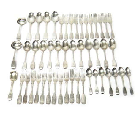 Silver fiddle pattern table flatware, comprising; four tablespoons, eleven table forks, twelve dessert forks, twelve dessert 