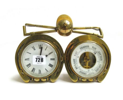 A brass mantel clock/barometer, early 20th century, the two 'horse shoe' apertures surmounted by two crossed polo sticks and 