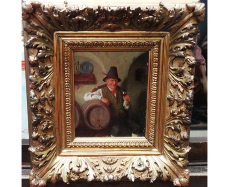 Peter Kraemer (early 20th century), Old man by barrels with glass of red wine, oil on panel, signed and inscribed Munchen, 15