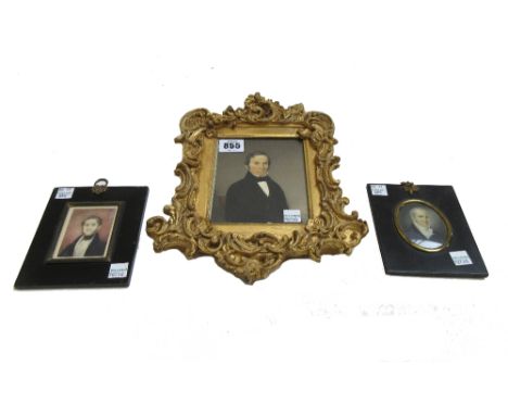 A portrait miniature lithographic print of a Victorian gentleman in a gilt gesso foliate frame (13cm x 12cm) and two portrait