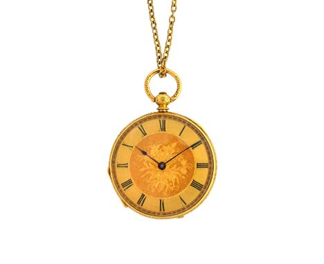 A gold cased, key wind, openfaced fob watch, with an unsigned gilt cylinder movement, the floral decorated gilt dial with bla