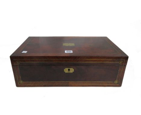 A Victorian brass inlaid writing slope with fitted interior, 46cm wide x 25cm deep, together with a 19th century fruitwood te