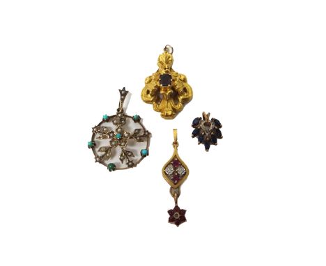 A gold, seed pearl and turquoise set pendant, pierced in a circular design, with foliate motifs, a Victorian gold and garnet 