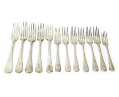 Silver Old English pattern forks, comprising; five dessert forks, Birmingham 1908, five table forks, mixed dates, another des