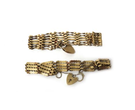 A 9ct gold, bar, twisted bar and oval link gate bracelet, with a 9ct gold heart shaped padlock clasp and another 9ct gold gat