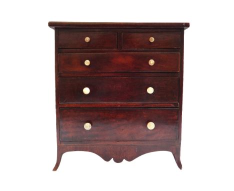 A diminutive early 19th century mahogany chest of two short and three long graduated drawers, on splayed bracket feet, 33cm w