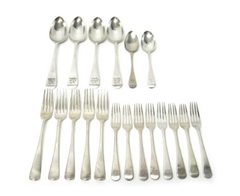 Silver Old English pattern table flatware, comprising; eight dessert forks, Exeter 1825, two dessert spoons, mixed dates, fiv