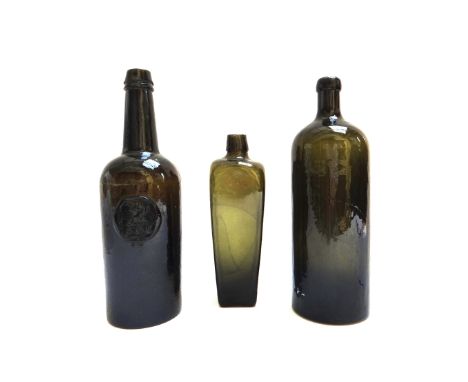 Nine green glass wine bottles, circa 1800, each with seal mark for 'All Souls College, Oxford', 29cm high, another similar, a