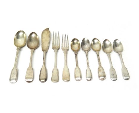 Silver fiddle and thread pattern table flatware, comprising; a Victorian butter knife, London 1856, a dessert spoon, three te