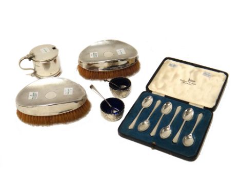 Silver and silver mounted wares, comprising; a pair of oval hairbrushes, with engine turned decoration, London 1938, a mustar