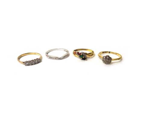 A 9ct gold and diamond set five stone ring, mounted with a row of circular cut diamonds, a gold and diamond set seven stone c