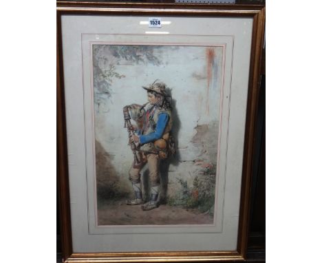 Carl Goebel (1824-1899), Italian Troubadour playing a zampogna, watercolour, signed and dated 1880, 50cm x 32.5cm.