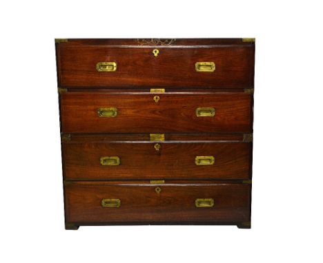 A 19th century Anglo-Indian brass bound teak secretaire two part campaign chest, with fitted drawer over three further long d