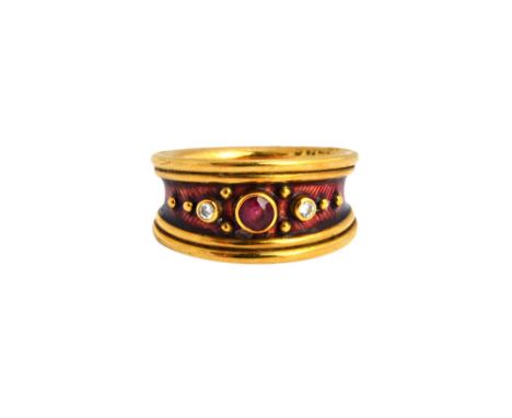 An 18ct gold, ruby and diamond set and red enamelled ring, by Elizabeth Gage, collet set with a circular cut ruby between two