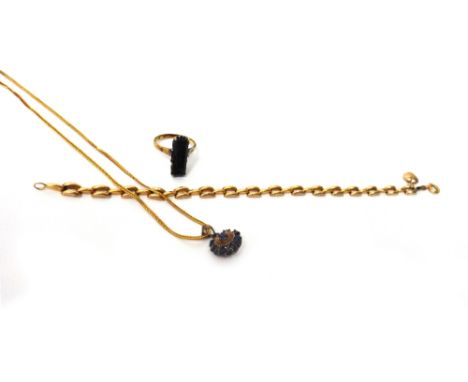 A gold rectangular link bracelet, fitted with a heart shaped charm, with a boltring clasp, a sapphire set nine stone cluster 