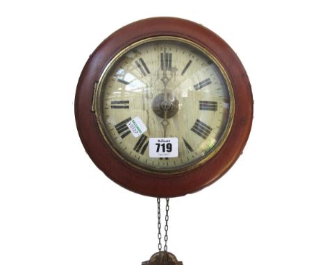 A mahogany cased postman's alarm clock with painted wooden 6 inch dial and an oak cased dial clock with painted tin 8 inch di