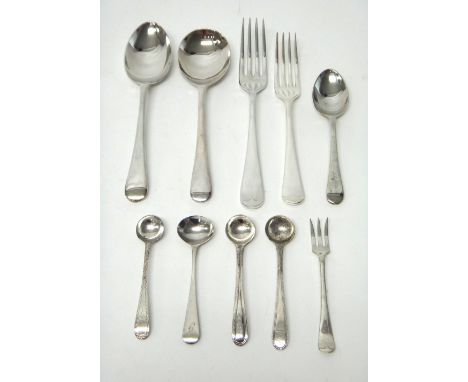 Four Georgian silver Old English pattern salt spoons, a plated pickle fork and a plated Old English pattern part table servic