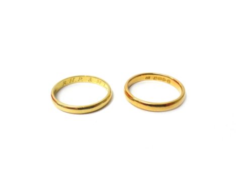 A 22ct gold plain wedding ring, Chester 1933, ring size Q, weight 4.2 gms and an 18ct gold wedding ring, inscribed within the