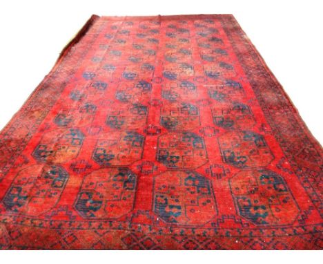 An Afghan carpet, the madder field with four columns of nine bold guls, a diamond border, 437cm x 270cm.