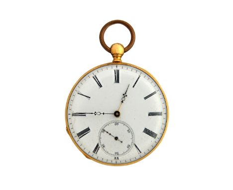 A gold cased, key wind, openfaced pocket watch, with an unsigned gilt jewelled lever movement, gilt metal inner case, the ena