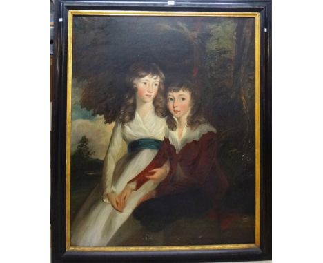 English School (18th/19th century), Portrait of a brother and sister in a landscape,oil on canvas, 124cm x 100cm.