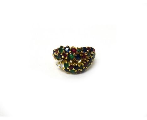 A gold, diamond, ruby, sapphire and emerald ring, in an abstract design, claw set with circular cut gemstones, ring size K, w