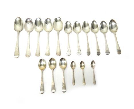 Silver Hanoverian pattern and Old English pattern table flatware, comprising; five bottom marked tablespoons, a pair of desse