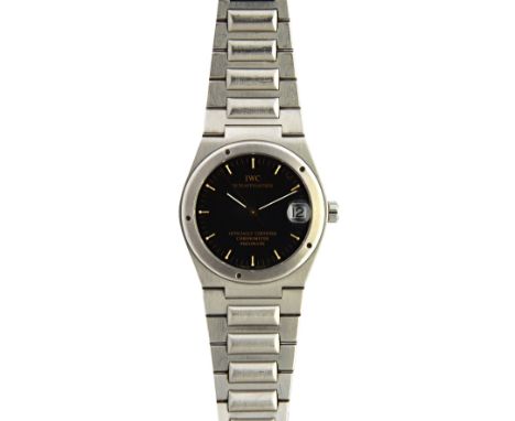 A gentleman's steel I.W.C Calendar Automatic bracelet wristwatch, the signed circular black dial with baton numerals, centre 
