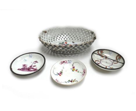 A Meissen style oval pierced porcelain basket (lacking handles), 19th century, 29cm wide, and three Continental 18th century 