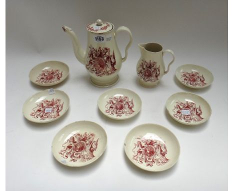 An English creamware Anti-Gallican part coffee service, circa 1770, transfer printed in red with the arms of the Anti-Gallica