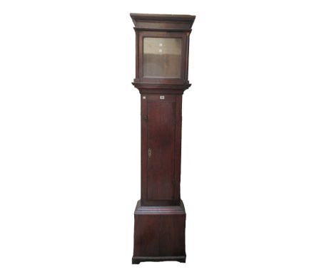 An oak long case clock, 19th century, the brass engraved dial detailed "Harry Bush Wincanton" with date aperture over a waist