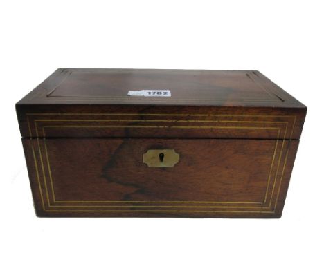 A Regency brass inlaid rosewood rectangular tea caddy, with twin lidded interior, 31cm wide x 15cm deep.