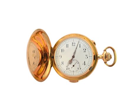 A gentleman's gold cased, keyless wind, hunting cased centre stop seconds, quarter repeating pocket watch, with a jewelled le