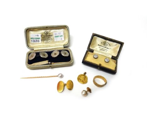 A pair of gold and platinum mounted mother of pearl cufflinks, with a case, a pair of gold mounted mother of pearl dress stud