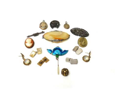 A pair of gold and water opal circular pendant earrings, a pair of 9ct gold rectangular cufflinks, with engine turned decorat