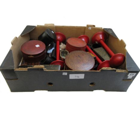 A quantity of papier mâché wares, 19th and 20th century, including a Persian gilt foliate card case, a circular box and cover