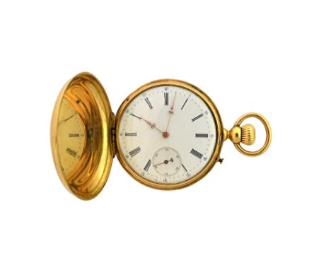 A gentleman's gold cased, keyless wind, hunting cased pocket watch, with an unsigned jewelled lever movement, the inner case 