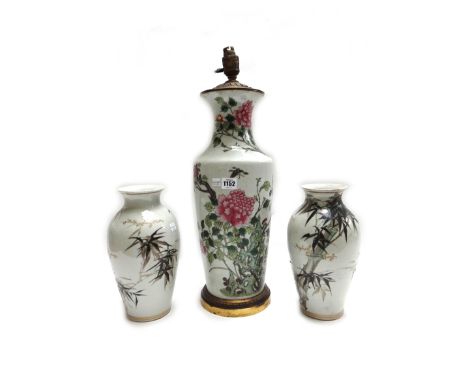 A Chinese famille verte table lamp vase (converted), 45cm high, a Chinese porcelain vase decorated with figures against a lan