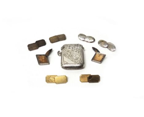 A pair of 9ct gold cut cornered rectangular cufflinks, London 1964, weight 5.1 gms, three pairs of silver cufflinks in a vari