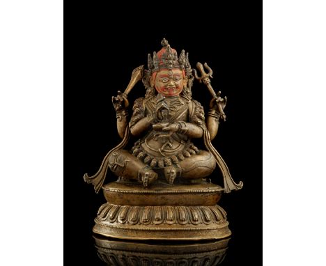 STATUE DE CHATURBHUJA MAHAKALA EN ALLIAGE DE CUIVRETSANG, TIBET CENTRAL, XV/XVIE SIÈCLEWith remains of cold gold, white, and 
