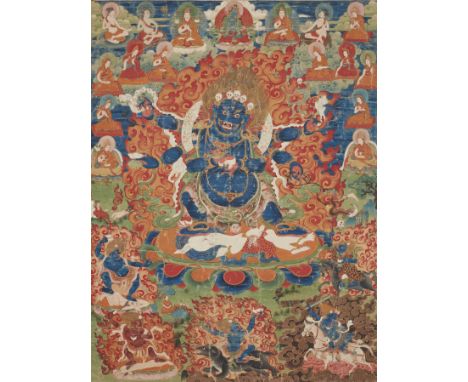 THANGKA DE SHADBUJA MAHAKALATIBET, XVII/XVIIIE SIÈCLEDistemper on cloth; recto with Tibetan inscriptions in gold identifying 
