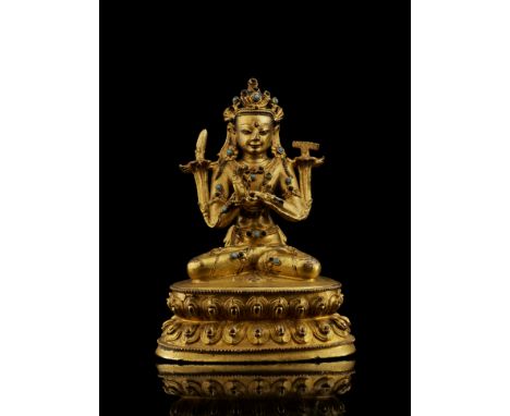 STATUETTE DE MANJUSHRI EN ALLIAGE DE CUIVRE DORÉTIBET, XVIE SIÈCLEHimalayan Art Resources item no. 4845 10.5 cm (4 1/8 in.) h