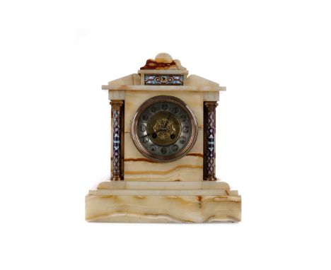 LATE 19TH CENTURY ALABASTER AND CHAMPLEVE ENAMEL MANTEL CLOCK, with two train eight day movement, the silvered chapter ring w